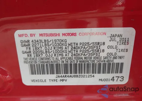 2011 Mitsubishi Outlander Sport Se из США, поврежденный, VIN JA4AR4AU8BZ021254